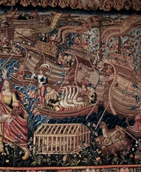 Den portugisiske søfarer Vasco de Gama (1459-1524) ankom til Calicut i Indien i 1498, detalje, billedtæppe