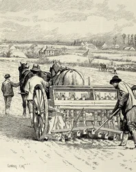 DET FORENEDE KONGERIGE. ENGLAND. Den industrielle revolution. Boremaskine opfundet af Jethro Tull. Såning af byg i februar. Tegning af Gunning King udgivet i "The Illustrated London News". Gravering.