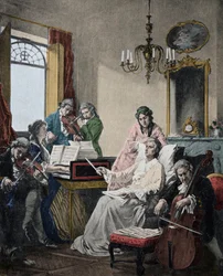 Wolfgang Amadeus Mozart (1756-1791) er døende og dirigerer en gruppe musikere til det Requiem, han lige har færdiggjort (Mozart (1756-1791) i sine sidste dage dirigerer en gruppe musikere til Requiem)