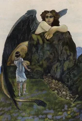 Ødipus og sfinksen (farve litho)