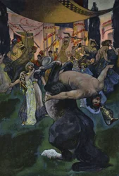 Satyrer, der forstyrrer bryllupsfesten for Orpheus og Eurydice, scene fra Orpheus in the Underworld (farve litho)