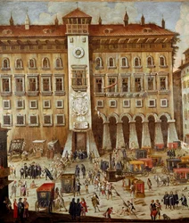 Pladsen foran Vicaria-domstolen i Napoli under Masaniellos revolution. Forbrydere dømmes foran indgangen, en mand hænger i et reb, detalje. Napoli, Museo Nazionale di San Martino