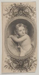 Seddelmotiv: et barneportræt og to mønstrede ovaler omgivet af et blomstret f..., ca. 1824-37.