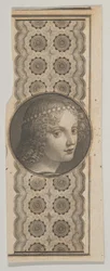 Seddelmotiv med et pigehoved afledt af Leonardo da Vinci mod et mønster..., ca. 1824-37.