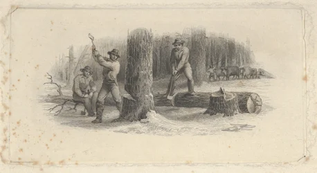 Seddelvignet, der viser skovmænd, der fælder træer i en sneklædt skov, ca. 1824-37.