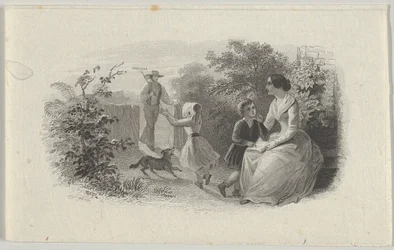 Seddelvignet med en familie i en have, ca. 1824-37.