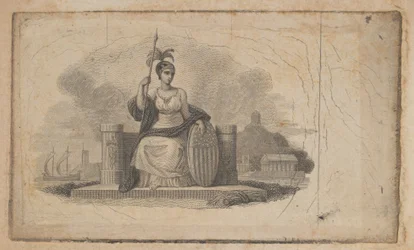 Seddelvignet med kvindefigur, der repræsenterer Amerika, ca. 1824-37.