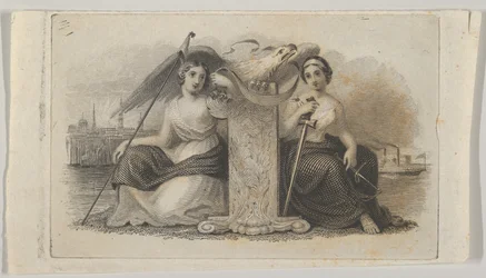 Seddelvignet med kvindefigurer, der repræsenterer Frihed og Retfærdighed, ca. 1824-37.