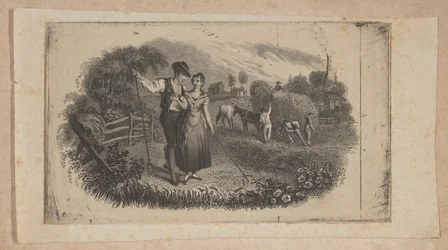 Seddelvignet med hømagere, der symboliserer landindustrien, ca. 1824-37.