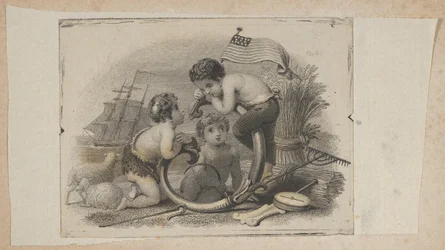 Seddelvignet med tre putti som hyrde, landmand og sømand, ca. 1824-37.
