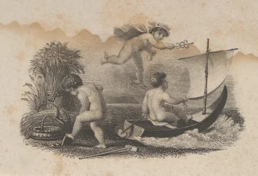 Seddelvignet med tre putti, der symboliserer handel og landbrug, ca. 1824-37.