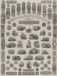 Prøveark af bankseddelgravering, ca. 1828.