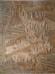 Art Mesopotamia (Assyrien): gårdhave til paladset for kongen af Assyrien Sargon II (721 - 705 f.Kr.) transport af cedertræ fra Libanon. Paris, Musée du Louvre