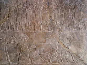 Orientalsk antikvitet: detalje af et basrelief i kalksten: musikerne fra Assurbanipals eller Ashurbanipals rustning, konge af Assyrien (Mesopotamien) (669 f.Kr.-627 f.Kr.). 640 f.Kr. Fra Nineve. Paris, Louvre-museet