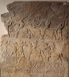 Orientalsk kunst fra antikken: kampscene. Lavrelief af Assurbanipal Palace, Assyrien (7. århundrede f.Kr.). Paris, Musée du Louvre