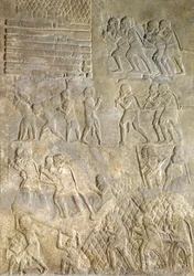 Relief forestillende portører, der bringer træ til kysten til søtransport. fra Palace of Sargon II, Khorsabad, Irak
