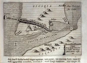 Kartografisk fremstilling af „Charybdis“ og „Skylla“ i Messinastrædet, Sicilien. Kobberstik fra „Mundus Subterraneus“ af Athanasius Kircher (1601-1680), jesuit, orientalist og lærd, 1682