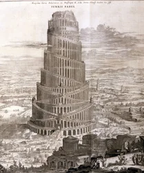 Babelstårnet. Rekonstruktion af Athanasius Kircher i hans værk „Turris Babel“ om dette tårn og den tidlige menneskeheds historie.