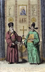 Portræt af Matteo Ricci (til venstre), italiensk jesuite og Paul Ly, stor formidler af den kristne tro i Kina, indgravering af "De China monumenta" af Athanasius Kircher (1601-1680), jesuite, tysk orientalist og lærd