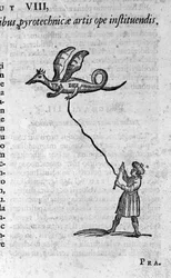 Den græske filosof Archytas fra Tarent (435-347 f.Kr.), pythagoræisk filosof, matematiker og astronom, og hans flyvedygtige trædue. Stik fra »Mundus Subterraneus« af Athanasius Kircher (1601-1680), 1682