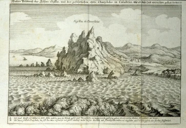 Udsigt over klipperne "" Charybde"" og "" Scylla"" i Detroit of Messina, Sicilien""" Gravering fra "" Mundus Subterraneus"" af Athanasius Kircher (1601-1680), jesuite, orientalist og lærd 1682