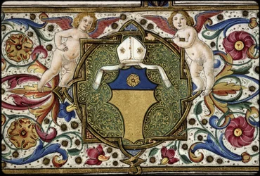Missal af Thomas James: detalje af kommissærens våben, "Or, on a chief azure a rose Or".