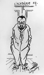 Karikatur af den franske forfatter Emile Zola (1840-1902) uden for Academie Francaise (tegning)