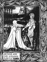 Kong Arthur modtager besøg af en ung pige sendt af gebyret Morgane (Kong Arthur og den mærkelige kappe sendt af Morgan den fay) Illustration af Aubrey Beardsley (1872-1898) fra Thomas Malorys "The Death of Arthur"