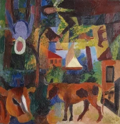 Landskab med køer, sejlbåd og figurer. 1914