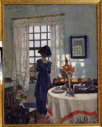 ""Jeune femme à la fenetre"" (Kvinde ved vinduet) En elegant kvinde i Belle Epoque mode, med en stor hat kigger ud af vinduet. Maleri af August von Brandis (1862-1947) Det regionale kunstmuseum fra det tidlige 20. århundrede, Simferopol