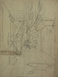 Perspektivskitse til "Street Fight in a Venetian Alley"