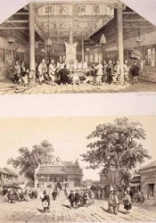 Interiør af Buddha-templet og en lille plads i forstæderne til Canton, plader 25 og 26 fra 