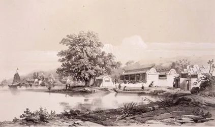 Mandarinens hus ved Macao-Canton-kanalen, plade 20 fra "Sketches of China", graveret af Eugene Ciceri (1813-90) 1842 (tonet litografi)