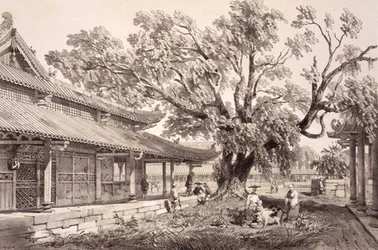 Buddhas tempel i Honan-forstaden i Kanton, plade 24 fra "Sketches of China", graveret af Eugene Ciceri (1813-90) 1842 (tonet litografi)