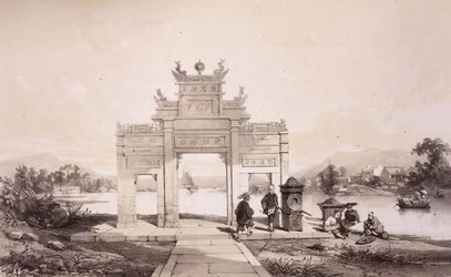 Triumfbuen ved Macao-Canton-kanalen, planche 19 fra "Sketches of China", graveret af Eugene Ciceri (1813-90) 1842 (tonet litografi)