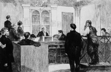 Bow Street Police Court Hall i London i 1884 (kobberstik)