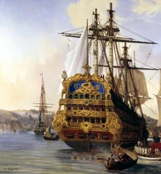 Skibet «Le Foudroyant» på reden ved Brest i 1724, detalje. Maleri af Auguste Mayer (1805-1890), 1724, Brest, Kunstmuseet - Skibet «Le Foudroyant» i Brests havn
