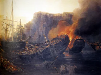 Fransk:  Le soir de la bataille de Navarin, 1827 Aftenen i slaget ved Navarino