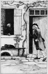 Sognet i landsbyen Ermenonville inviterer filosoffen Jean Jacques Rousseau (1712-1778) til at komme ind i hans præstegård. Oise (60). Illustration af Auguste Francois Gorguet (1862-1927)