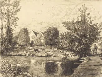 Gammel gangbro, bredden af den lille Morin Vieille passerelle, bords du petit morin, 1915.