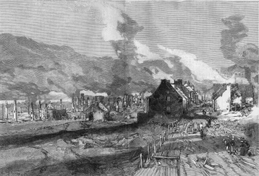 Udsigt over ruinerne af Quebec City (Canada) efter branden i juni 1881. Indgravering af Lepere i "" The Illustrous World"" nr. 1267 af 9. juli