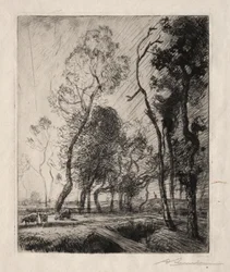 Solnedgang bag træerne, 1909.