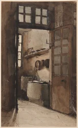 Køkkeninteriør, ca. 1862 (pen, blæk og akvarel)