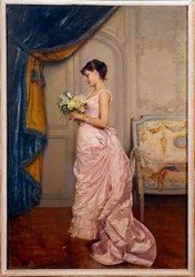 Sødt brev. En ung kvinde læser et kærlighedsbrev fra en beundrer med en blomsterbuket. Maleri af Auguste Toulmouche (1829-1890), 1883. Sol. 0,66 x 0,45 m. Nantes, Musée des Beaux-Arts