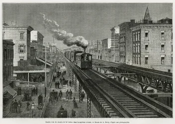 Dobbeltspor af Airline Railway på Seventh Avenue, New York, New York. Edouard de Laveleye, i 1878-1879, offentliggjort i Tour du monde under ledelse af Edouard Charton (1807-1890)