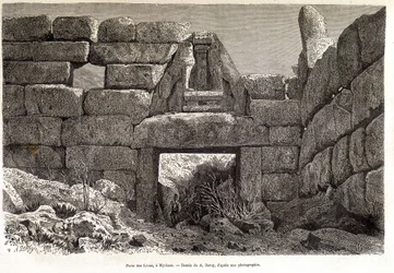 Løvernes port i Mykene - tegning af A. Deroy, i "" Jorden rundt"" 1877 2. semester