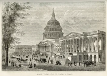 Capitol, sæde for den lovgivende forsamling, bygget mellem 1793 og 1830, i Washington (District of Columbia), hovedstaden i USA. Gravering efter A.Deroys tegning, for at illustrere historien La conquete blanche, af William Hepworth Dixon, i 1875, s.