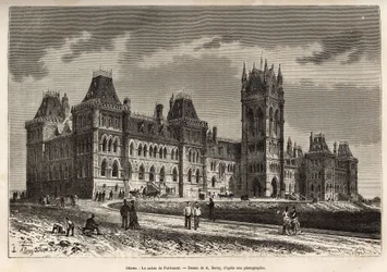 Parlamentspaladset i Ottawa, bygget mellem 1859 og 1876, indgraveret efter en tegning af A.Deroy, der illustrerer udflugten til Canada og Nordens Røde Flod, af H. De Lamotte i 1873, udgivet i "" Le tour du monde””” 1875, redigeret af Edouard