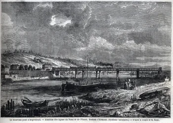 Den nye bro har Argenteuil. Kryds mellem nord- og vestlinjen. Ermont sektion (rørsystem). Gravering efter skitse af Ralph i "" Le Monde illustrious"", 29/08/1863. Privat samling.