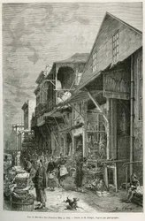 Gaden i Marche i San Francisco, som afslører tilstedeværelsen af et vigtigt kinesisk samfund, en forudsætning for en fremtidig chinatown. Gravering efter A.Deroys tegning, for at illustrere historien La conquete blanche, af William Hepworth Dixon, i 1875, 